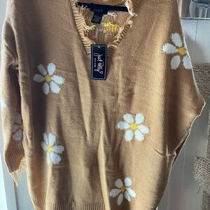 Just Polly‎ tan flowers sweater women's size Large